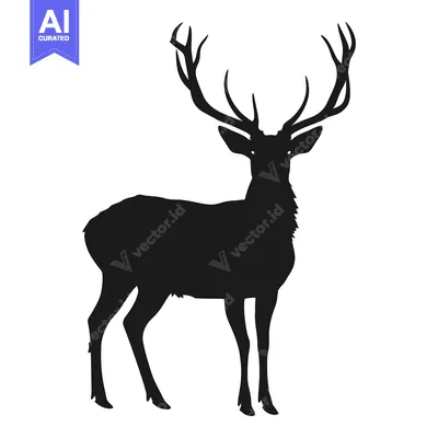 Aset desain premium: Black Silhouette of a Standing Deer with Large Antlers