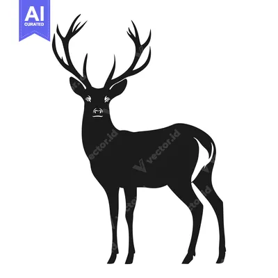 Aset desain premium: Black Silhouette of a Standing Deer with Large Antlers