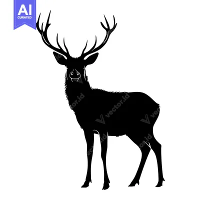 Aset desain premium: Black Silhouette of a Standing Deer with Large Antlers