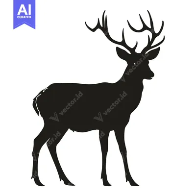 Black silhouette of a deer with large antlers standing on white backgr