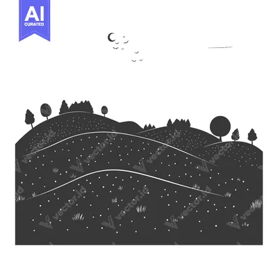 Silhouetted Nighttime Landscape with Rolling Hills and Trees
