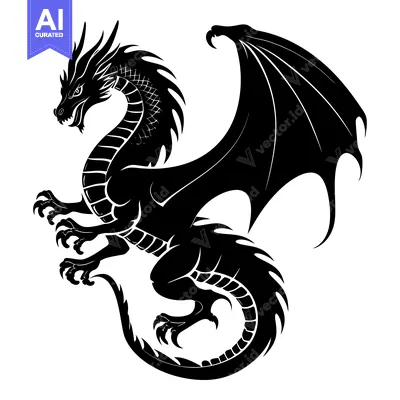 Black and White Silhouette of a Dragon with Spread Wings