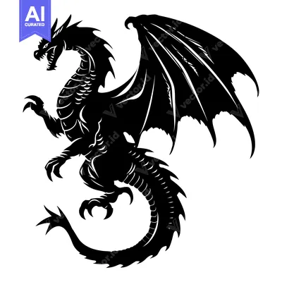Black and White Silhouette of a Dragon with Wings Spread