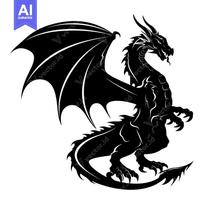Aset desain premium: Black and White Silhouette of a Dragon with Spikes and Claws