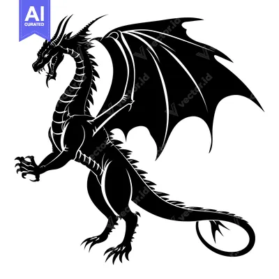 Black and White Silhouette of a Dragon with Wings Spread