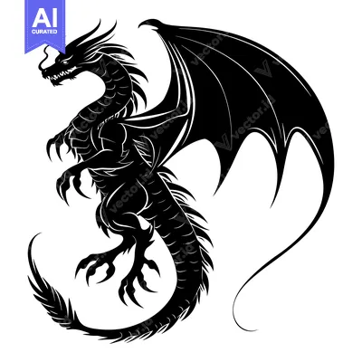 Black and white silhouette of a dragon with wings spread