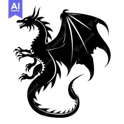 Black and White Silhouette of a Dragon with Wings Spread
