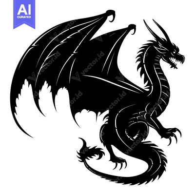 Black and white silhouette of a dragon with wings spread