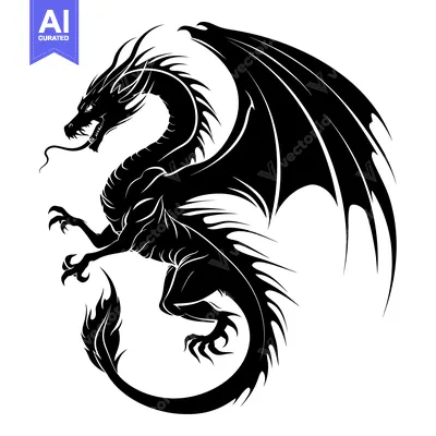 Black and White Silhouette of a Dragon with Wings Spread