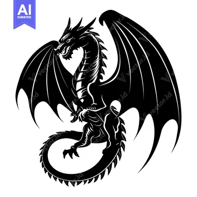 Premium design asset: Black and White Silhouette of a Dragon with Wings Spread