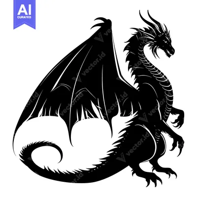 Black and White Silhouette of a Dragon with Spread Wings