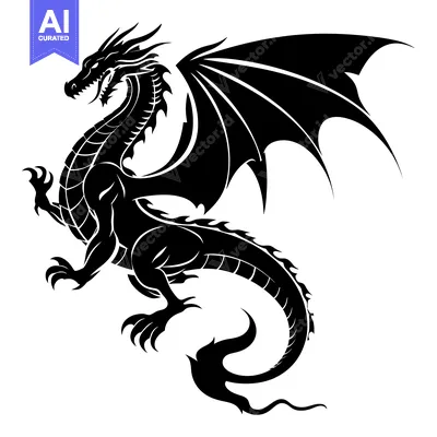 Black and White Stylized Dragon with Spread Wings