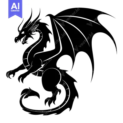 Black and White Silhouette of a Dragon with Wings Spread