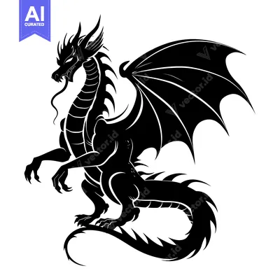 Black and White Silhouette of a Dragon with Wings Spread