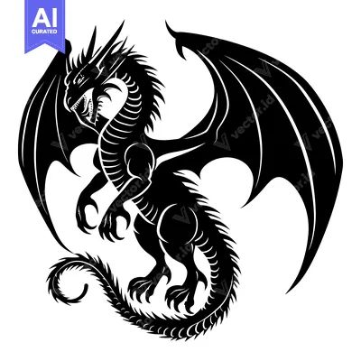 Black and White Silhouette of a Dragon with Spread Wings