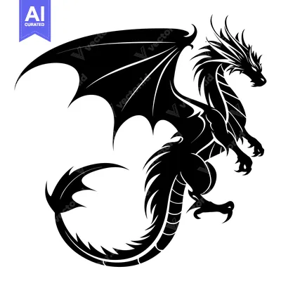 Black and White Stylized Dragon with Spiked Tail and Wings