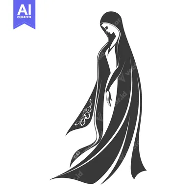 Aset desain premium: Silhouetted Woman in a Flowing Cloak with an Ornate Design