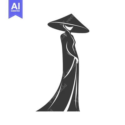 Aset desain premium: Silhouetted Woman in Traditional Vietnamese Dress and Conical Hat