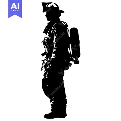 Silhouette of a firefighter standing with a tank on their back