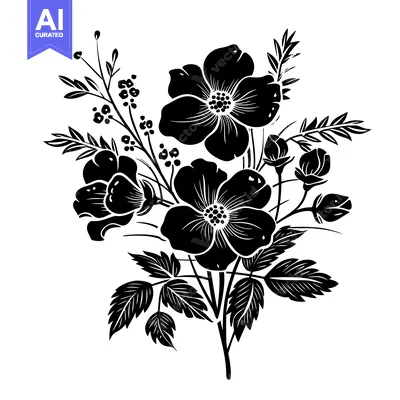 Aset desain premium: Black and White Floral Illustration with Three Open Flowers and Small