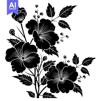 Aset desain premium: Black and White Silhouette of a Flower with Leaves