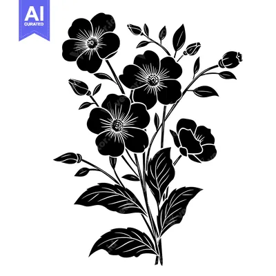 Premium design asset: Black and White Silhouette of Flowers with Stems and Leaves