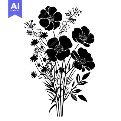 Premium design asset: A Black and White Silhouette of a Bouquet of Wildflowers