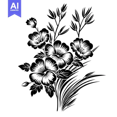 Aset desain premium: Black and white stylized floral arrangement with five flowers