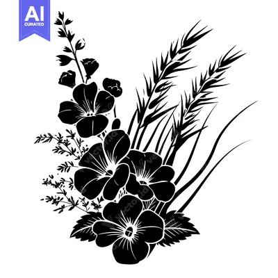 Aset desain premium: Black and White Silhouette of Flowers and Wheat