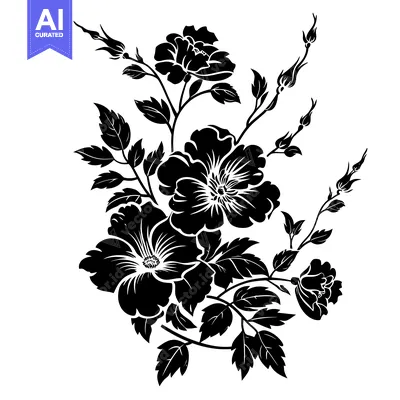 Aset desain premium: Black and White Silhouette of a Rose Bush with Open and Budding Flower