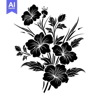 Aset desain premium: Black and White Silhouette of a Bouquet of Flowers