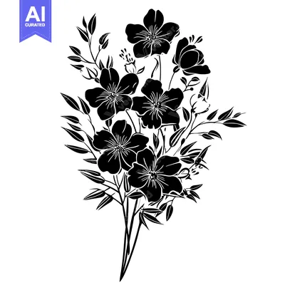 Aset desain premium: Black and White Silhouette of a Bouquet of Flowers and Foliage