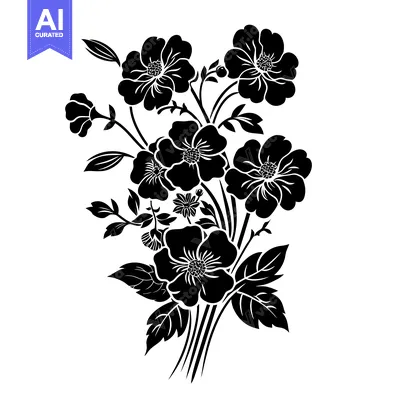 Aset desain premium: Black and White Silhouette of a Bouquet of Flowers