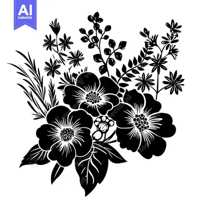 Aset desain premium: Black and White Floral Arrangement with Three Large Flowers and Smalle
