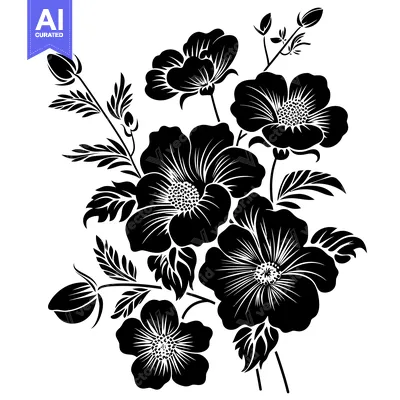 Premium design asset: Black and White Floral Bouquet with Five Blossoms