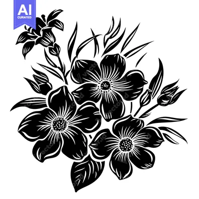 Premium design asset: Black and White Floral Illustration of Blooming Flowers