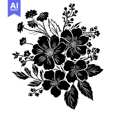 Black and White Floral Arrangement with Multiple Flowers and Leaves