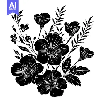 Aset premium populer: Black and White Silhouette of a Bouquet of Flowers