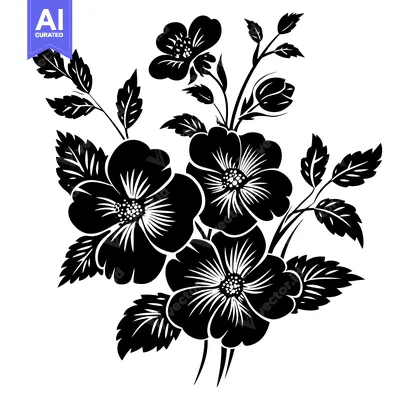 Aset premium populer: Black and White Silhouette of a Flower Bouquet with Four Blooms and Le