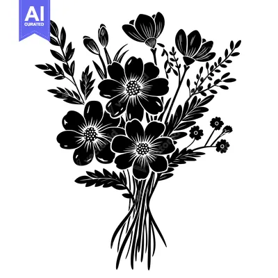Aset premium populer: Black and White Silhouette of a Bouquet of Flowers