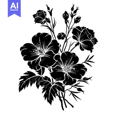 Popular premium asset: Black and White Silhouette of a Rose Bush with Flowers and Buds