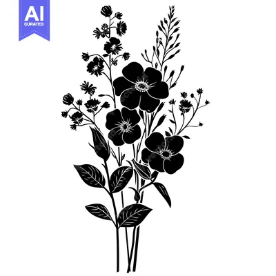Aset premium populer: Silhouette of a Bouquet of Flowers with Leaves and Buds