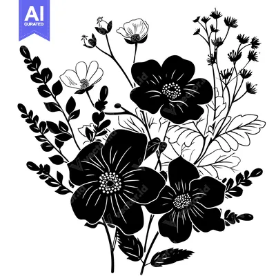 Aset desain premium: A Black and White Silhouette of a Bouquet of Flowers