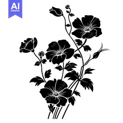 Aset desain premium: Black and White Silhouette of a Flower Bouquet with Four Blooms and St