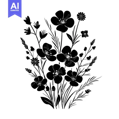Aset desain premium: Black and White Silhouette of Flowers and Grasses