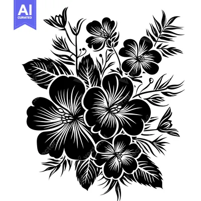 Aset premium populer: Black and White Floral Arrangement with Detailed Leaves