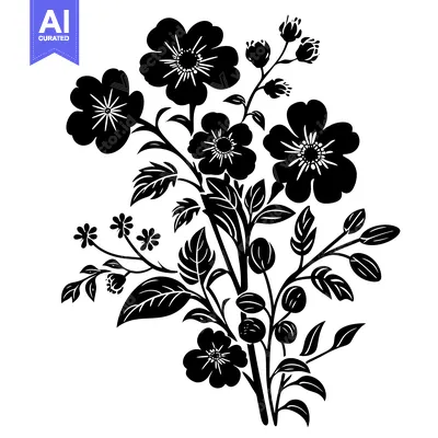 Aset desain premium: Black and White Silhouette of a Bouquet of Flowers and Leaves