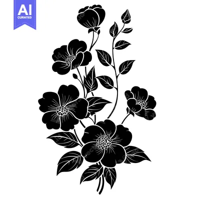 Black and White Silhouette of a Flower Bouquet with Buds and Leaves