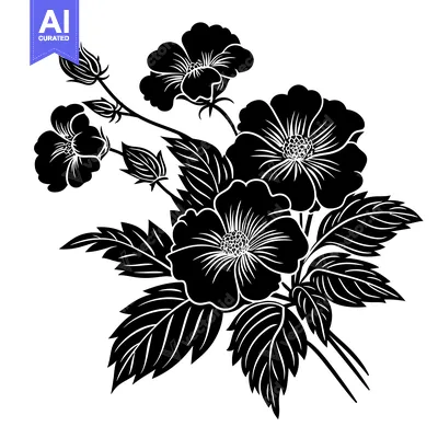 Premium design asset: Black and White Silhouette of a Rose Bush with Buds and Flowers