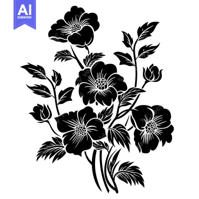 Premium design asset: Black and White Silhouette of Blooming Flowers and Leaves